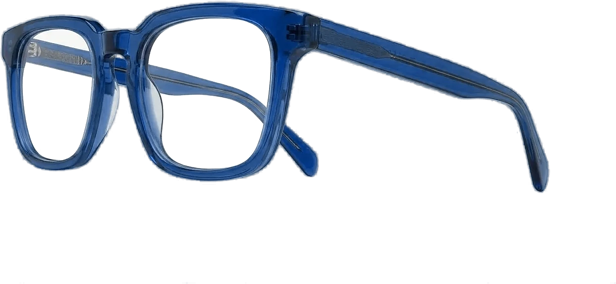 Blaue eckige Kunststoffbrille, Seitenansicht