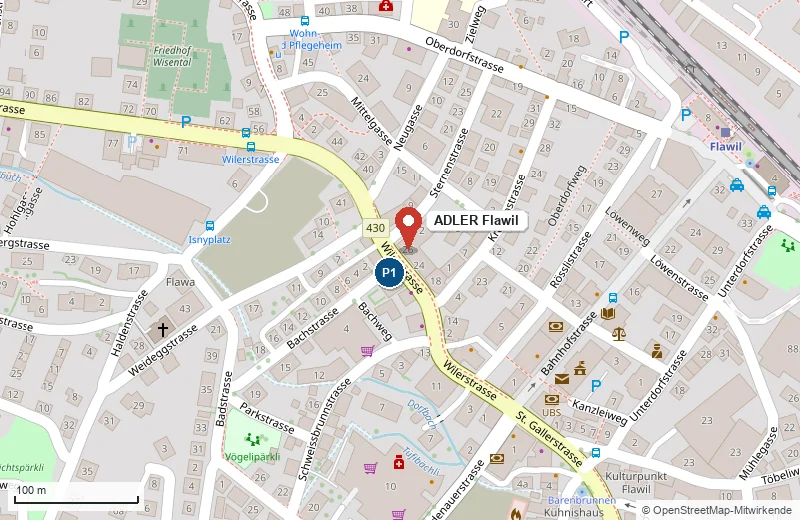 Kartenausschnitt ADLER Flawil, Wilerstrasse 26 in Flawil mit Kundenparkplatz P1 (OpenStreetMap)