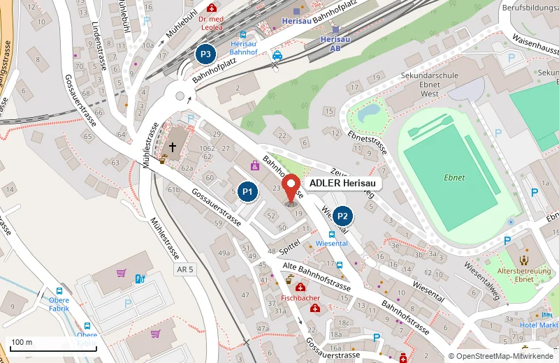Kartenausschnitt ADLER Herisau, Bahnhofstrasse 21 in Herisau mit Parkplätzen P1 bis P3 (OpenStreetMap)