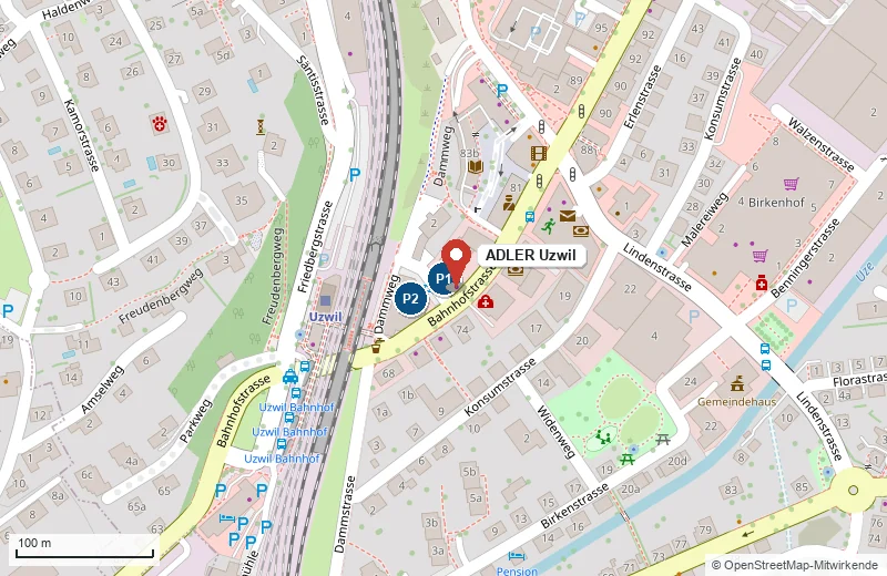 Kartenausschnitt ADLER Uzwil, Bahnhofstrasse 73 in Uzwil mit Parkplätzen P1 bis P2 (OpenStreetMap)