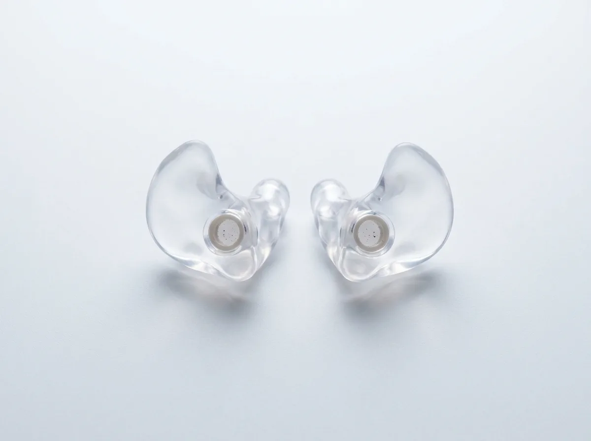 Zwei transparente, massgefertigte Gehörschutz-Otoplastiken mit eingesetzten Filtern