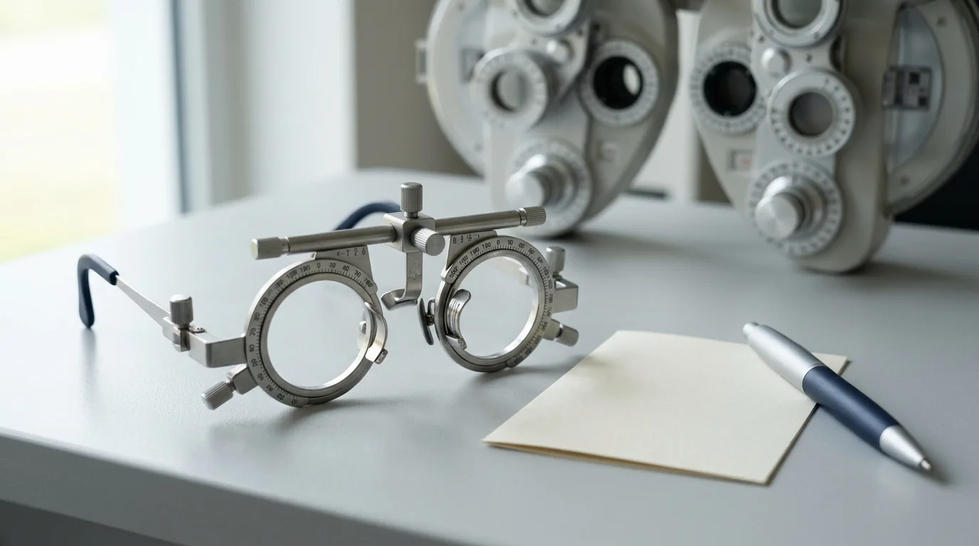 Messbrille (Probierbrille) und Notizkarte vor einem Phoropter beim Sehtest