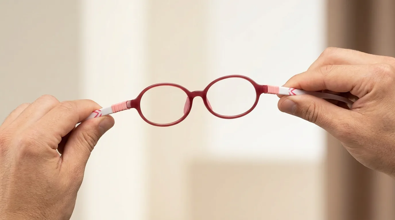 Flexible Kinderbrille wird an beiden Bügeln auseinandergebogen und federt zurück