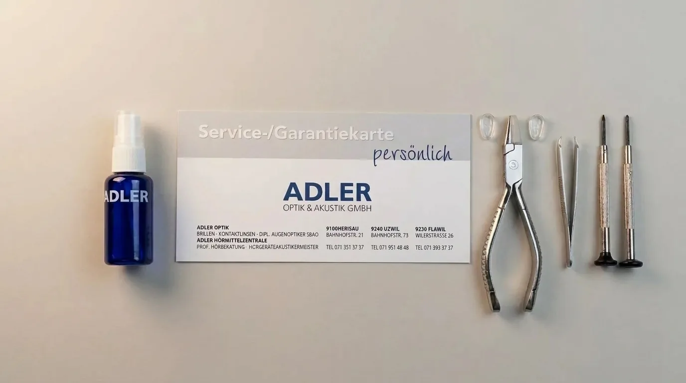 ADLER Service- und Garantiekarte mit Optiker-Werkzeug, Nasenpads und Brillenspray