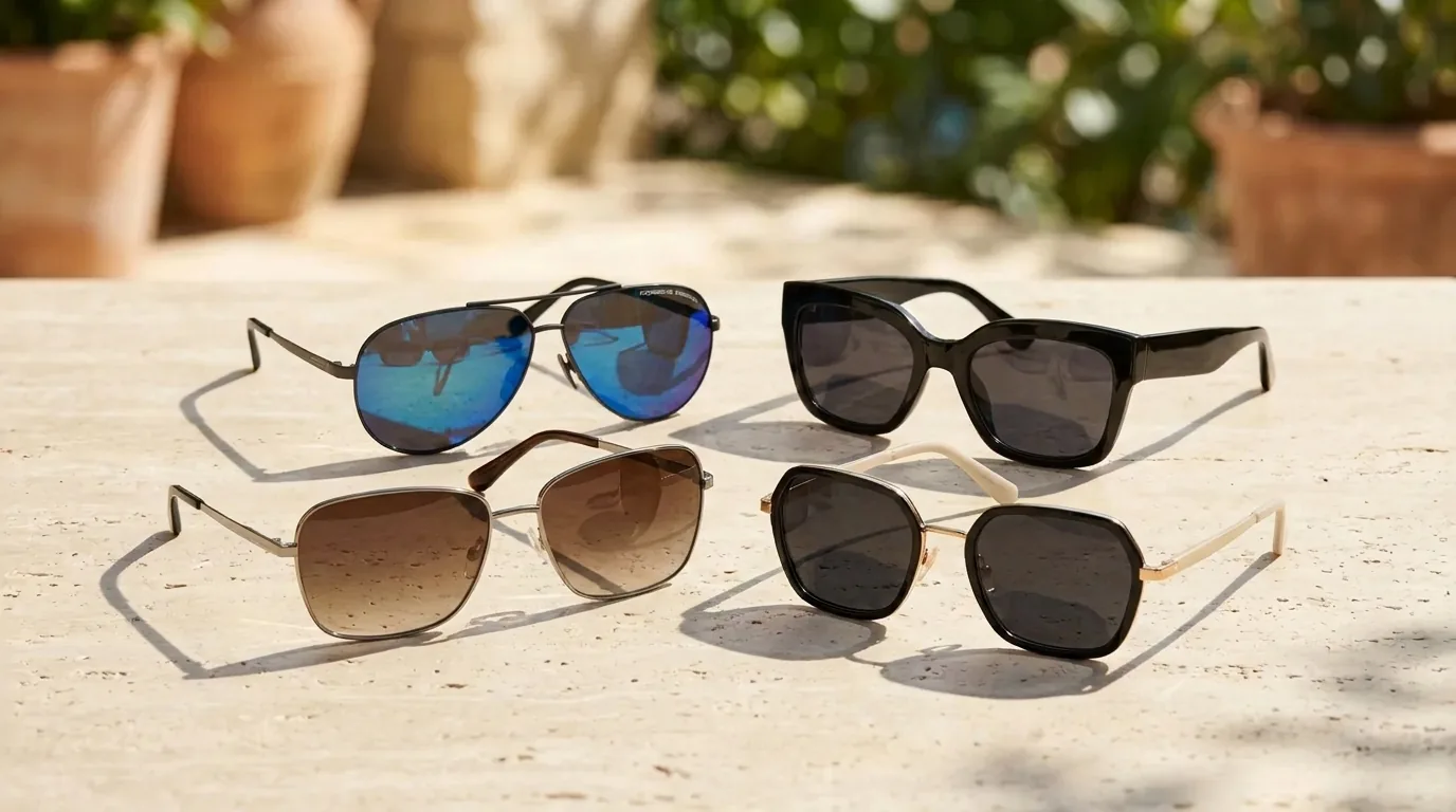 Vier Sonnenbrillen auf heller Steinfläche im Sommerlicht, vorne ein Aviator mit blau verspiegelten Gläsern
