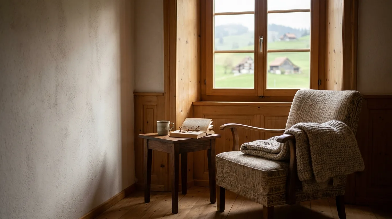 Ruhige Leseecke in einer Appenzeller Stube: Sessel mit Wolldecke am Fenster, Tee, Buch und Lesebrille