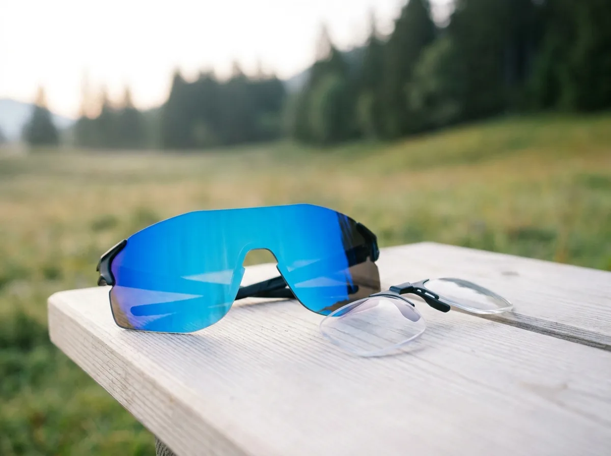 Sportbrille mit blau verspiegelter Wechselscheibe, daneben der Korrektur-Clip mit klaren Gläsern